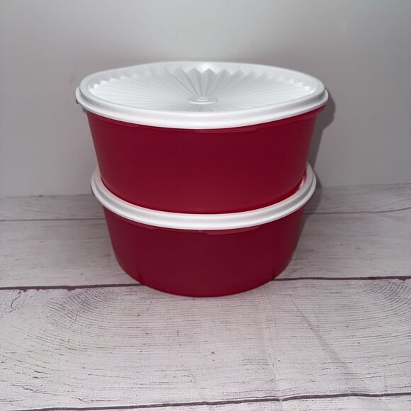 2 New NOS Tupperware Servalier Stacking Cookie Canisters Seal 7.5 Cup Pink 1204 - Picture 2 of 4